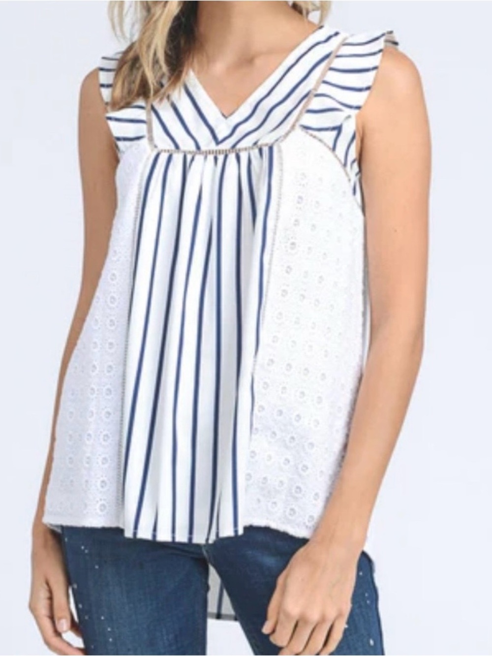 Doe & Rae High Low Navy Stripes Eyelet Top